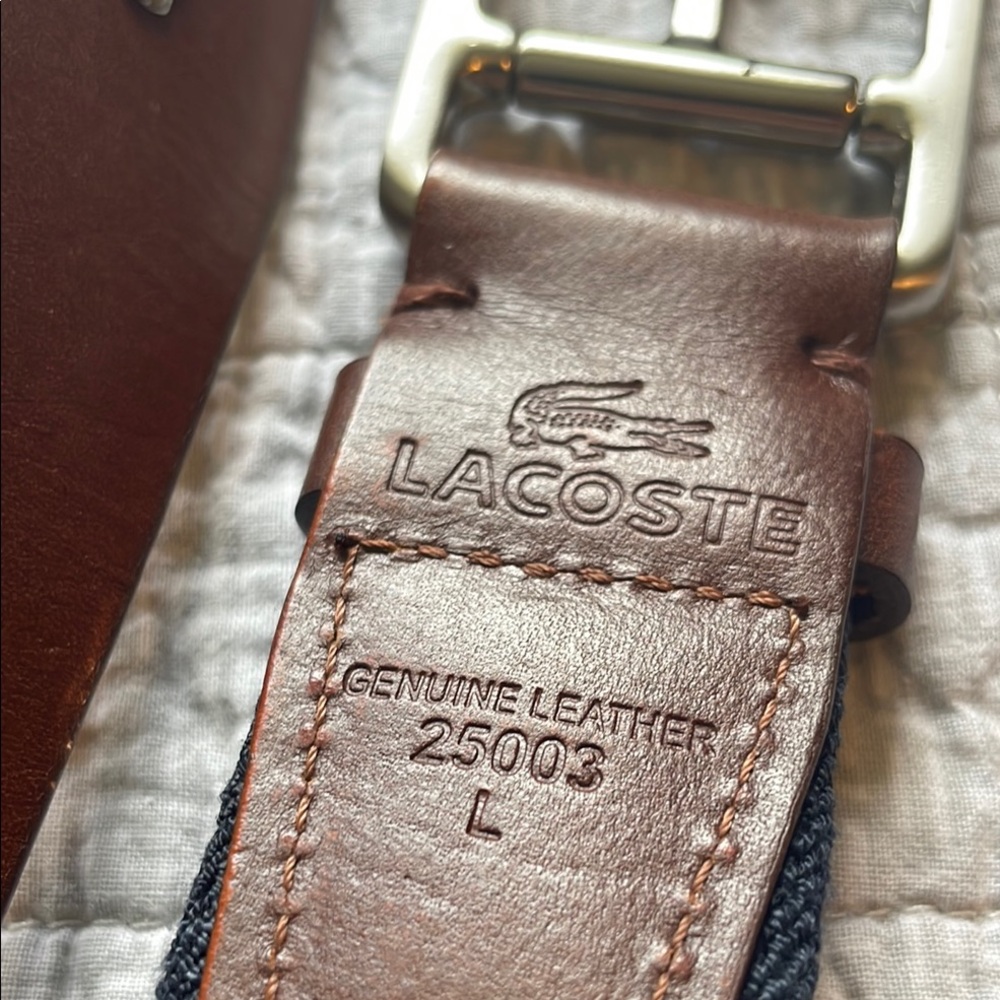 Lacoste Men’s navy stretch web belt with Dark Brown Leather.